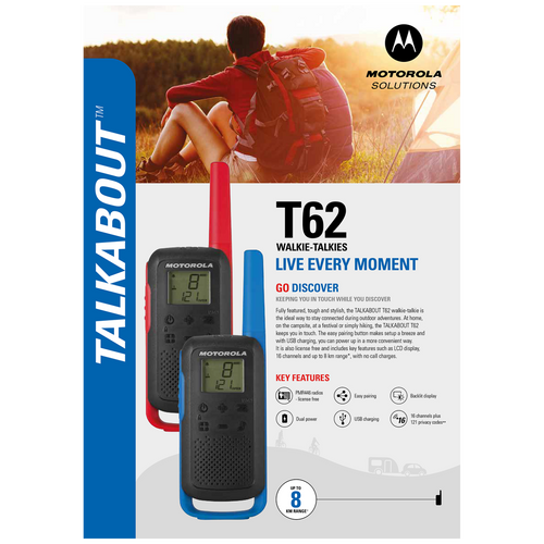 Motorola Walkie Talkie, domet 8 km, 16 kanala, crvena - TLKR T62 RD slika 3