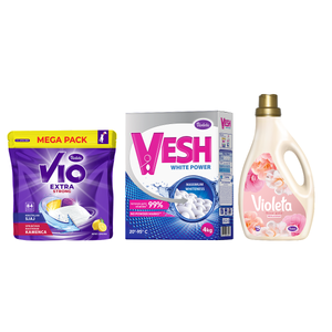 Violeta Complete Cleaning Set 3U1 – Prašak za veš 4 kg + Rose Gold omekšivač + VIO kapsule za suđe
