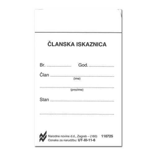 XI-11-6 ČLANSKA ISKAZNICA; Karton, 6,2 x 10,5 cm slika 1