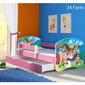 Dječji krevet ACMA s motivom, bočna roza + ladica 140x70 cm 34-farm