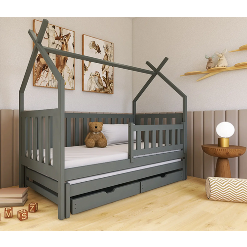 Drveni dečiji krevet Tytusa sa dodatnim krevetom i fiokom - grafit - 160/180x80 cm slika 1