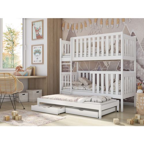 Drveni dječji krevet na kat Emilka s tri kreveta i ladicom - bijeli - 190/200*90 cm slika 1