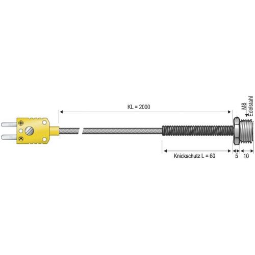 Uvrtni senzor tip K, M8, NL10mm, 1.4571, opruga za zaštitu od pregiba L=60mm, KL2000mm GLS/V2A 2x0,22mm² B+B minijaturni utikač, žuti, mjerno područje -50...+400°C B + B Thermo-Technik 0625 1445-06 vijčani senzor  -50 do +400 °C  Tip tipala K slika 1