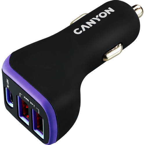 CANYON Universal 3xUSB car adapter, Input 12V-24V, Output DC USB-A 5V/2.4A(Max) + Type-C PD 18W, with Smart IC, Black+Purple with rubber coating, 71*39*26.2mm, 0.028kg slika 1