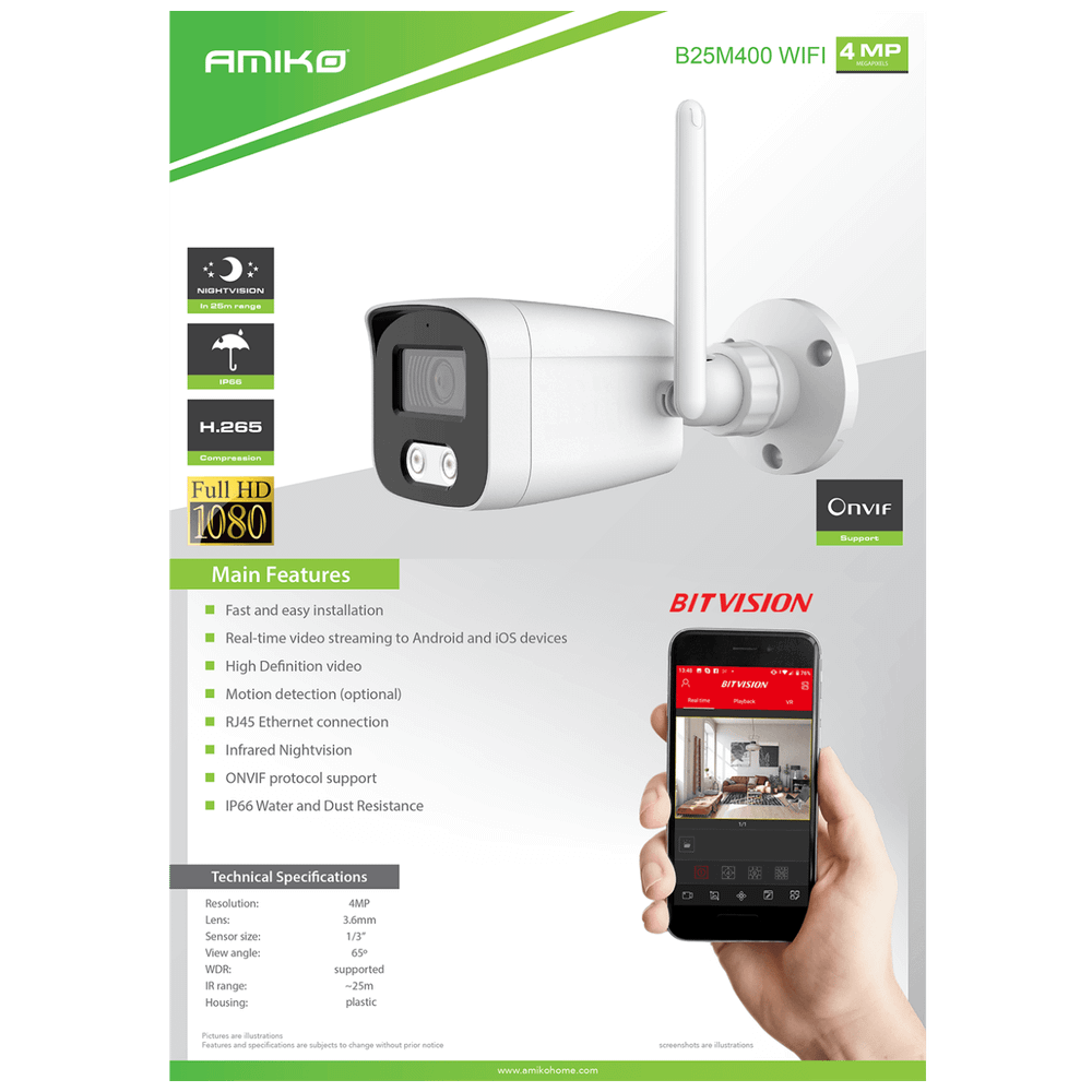 Amiko Home Kamera IP 4MP, WiFi, 1/3" CMOS, 3.6mm, IP66 - B25M400 WIFI slika 5