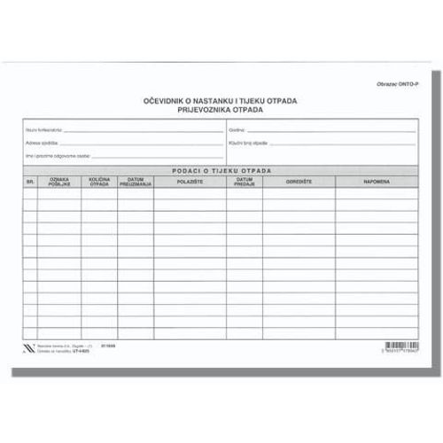 I-825 OČEVIDNIK O NASTANKU I TIJEKU OTPADA PRIJEVOZNIKA (obrazac ONTO-P)- DODATAK XII  Arak, 29,7 x 21 cm (zatvoreno) slika 2