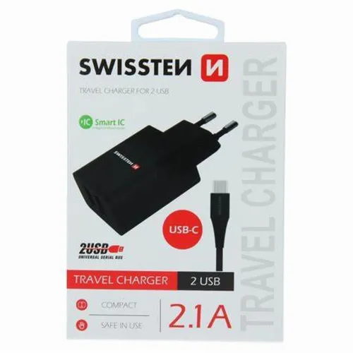 Swissten punjač 2x USB 2,1A+ kabl Type C 1,2m crna slika 3