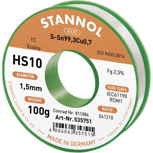 Stannol HS10 2510 lemna žica, bezolovna svitak  Sn99,3Cu0,7 ROM1 100 g 1.5 mm slika 1