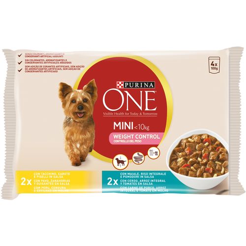 Purina ONE® Weight Control, multipakiranje, s puretinom, mrkvom i graškom u umaku, sa svinjetinom, smeđom rižom i rajčicama u umaku, 4x100 g slika 1