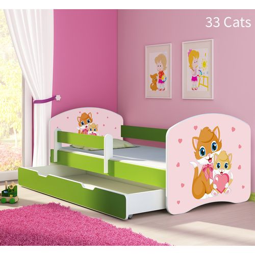 Dječji krevet ACMA s motivom, bočna zelena + ladica 140x70 cm 33-cats slika 1
