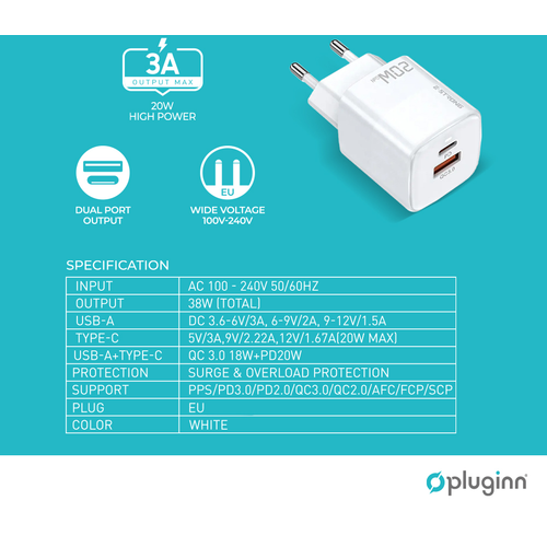 Kućni punjač Pluginn PI-D73, QC3.0 PD3.0, PPS, USB-PD 18W+20W, 38W (total) sa PD Type C kablom beli slika 2