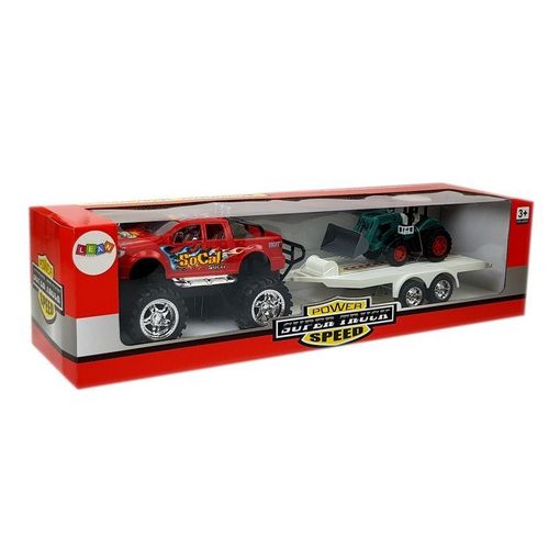 Set vozila Monster Truck s bagerom na prikolici crveno - zeleni slika 4