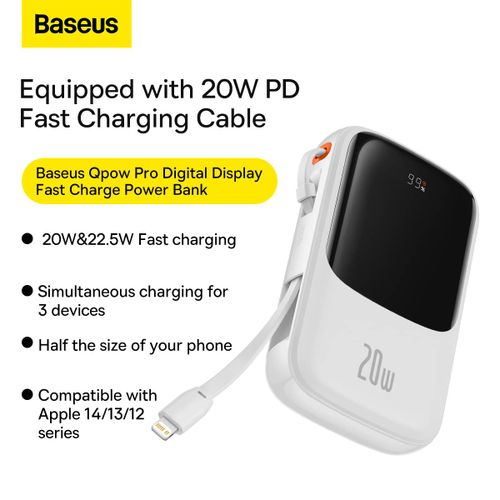 BASEUS POWER BANK 10000MAH QPOW PRO - USB + TYPE C - PD 20W SA LIGHTNING KABELOM BIJELI slika 4