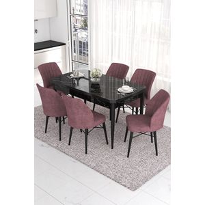 Proširivi Trpezarijski Sto i Set Stolica (7 Komada) Eva - Crni Mramor i Dusty Rose