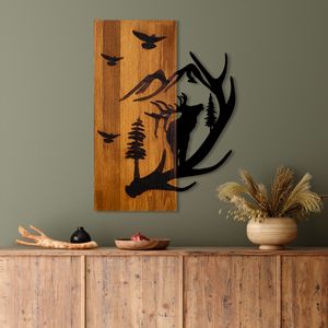 Deer and Mountain WalnutBlack Decorative Wooden Wall Accessory