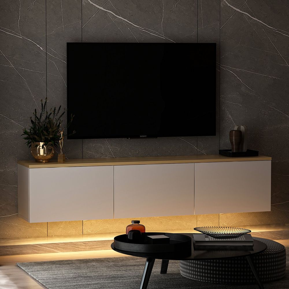 TV Stalak Neon - White v2 u Bijeloj Boji s Hrastovim Detaljima slika 7