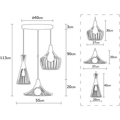 Opviq Visilica MEZOPOTAMIJA ROUND bakrena, metal, promjer 55 cm, visina 113 cm, podesiva visina, duljina kable 90 cm, 3 x E27 40 W, Mezopotamya - N-1298 slika 7