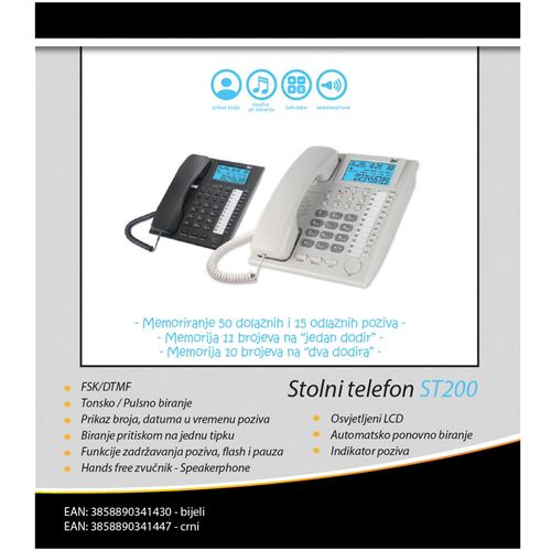 MeanIT Analogni telefon, stoni, LCD ekran, bela - ST200 White slika 1