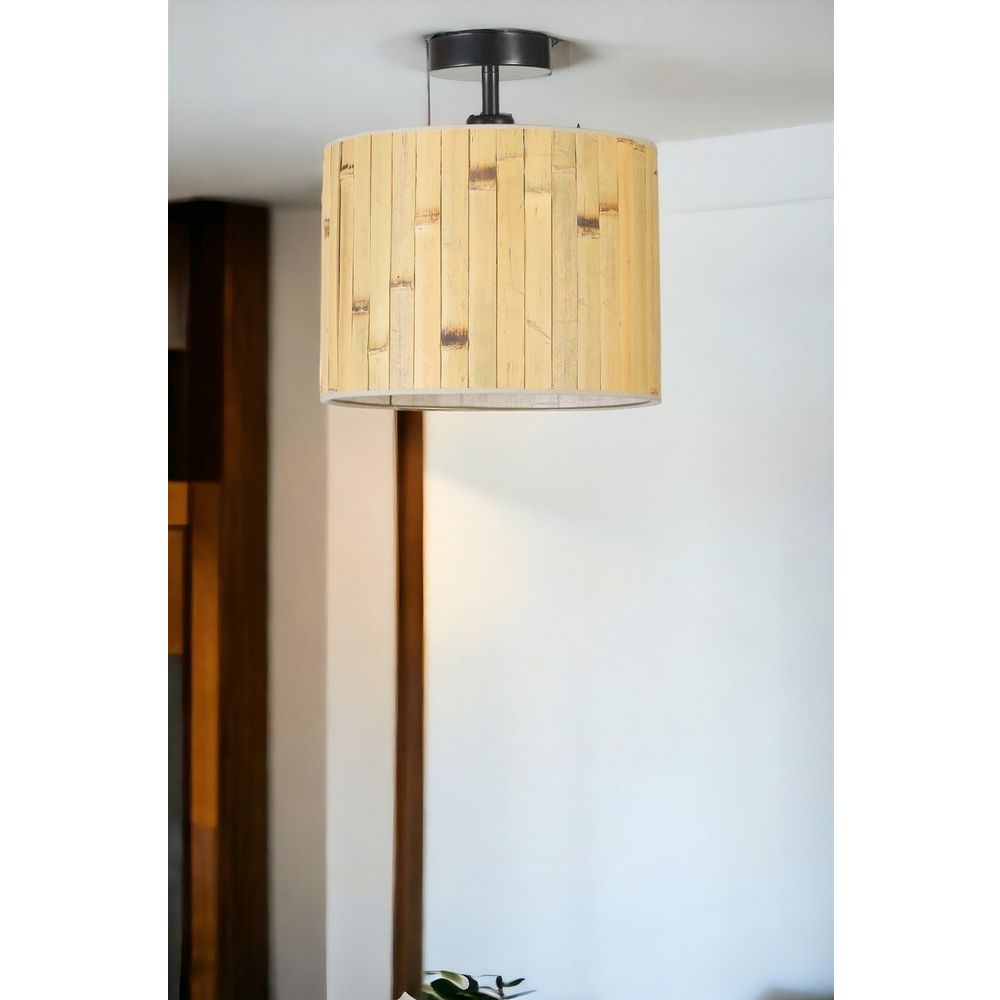 Elegantni Bambu 02 Plafonjer sa Abažurom u Boji Hrasta i Crnom Metalnom Strukturom slika 2