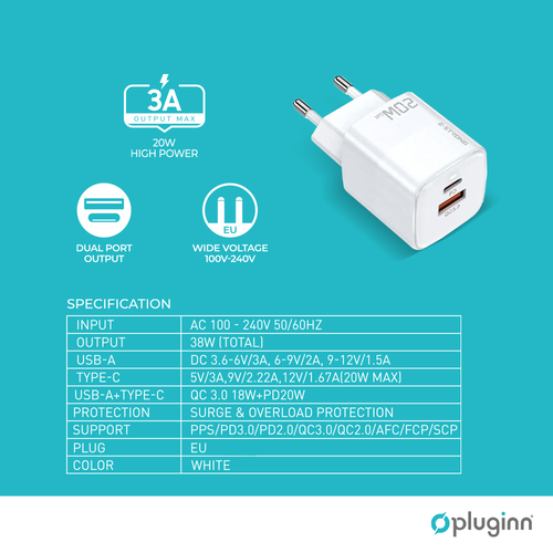 Kućni punjač Pluginn PI-D73, QC3.0 PD3.0, PPS, USB-PD 18W+20W, 38W (total) sa PD iPhone lightning kablom beli slika 2