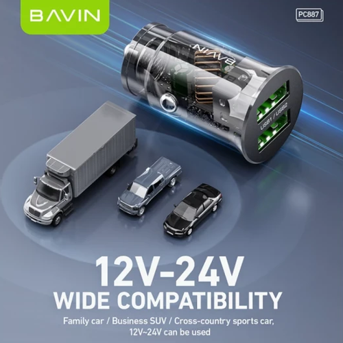 Bavin auto punjač 2.4A Dual 2xUSB-A + kabl type-A na type-C crna slika 3