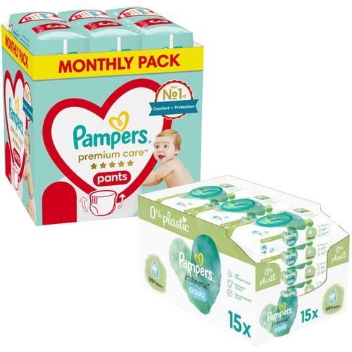 Pampers Premium Care Pants mesečno pakovanje pelena + Pampers vlažne maramice Harmonie Aqua Plastic Free 15X48 XXL slika 2