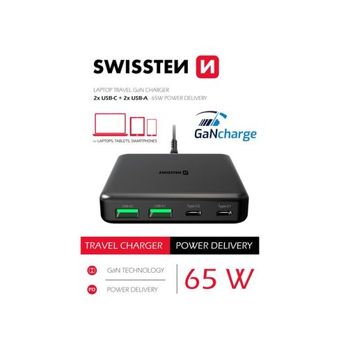 SWISSTEN punjač GaN 2x USB-C + 2x USB-A, 45W PowerDelivery, crni slika 1