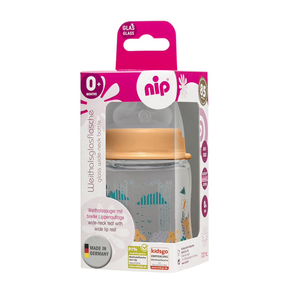 nip® Staklena flašica širokog grla sa silikonskom dudom 120ml 0m+, Girl slika 3