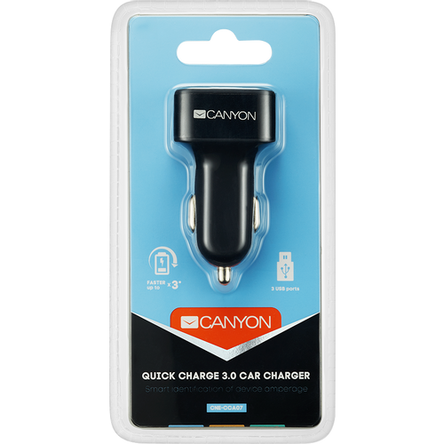 CANYON C-07 Universal 3xUSB car adapter(1 USB with Quick Charger QC3.0), Input 12-24V, Output USB/5V-2.1A+QC3.0/5V-2.4A&amp;9V-2A&amp;12V-1.5A, with Smart IC, black rubber coating+black metal ring+QC3.0 port with blue/other ports in orange, 66*35.2*25.1mm, 0.025 slika 3