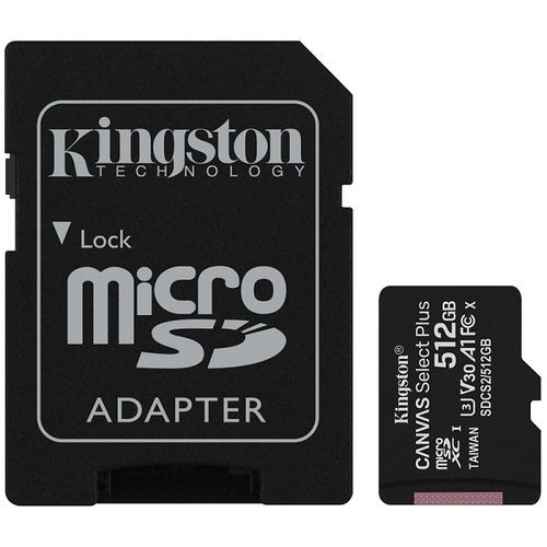 Kingston SDCS2/512GB MicroSD 512GB, Canvas Select Plus, Class 10 UHS-I U3 V30 A1, Read up to 100MB/s, Write up to 85MB/s, w/SD adapter slika 1