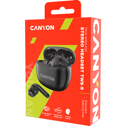 Canyon TWS-5 Bluetooth headset, with microphone, BT V5.3 JL 6983D4, Frequence Response:20Hz-20kHz, battery EarBud 40mAh*2+Charging Case 500mAh, type-C cable length 0.24m, size: 58.5*52.91*25.5mm, 0.036kg, Black slika 5