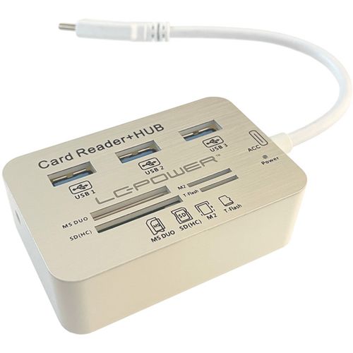 USB LC Power LC-HUB-C-CR External USB type C HUB, 3xUSB3.0 + multi card reader Silver/White slika 1