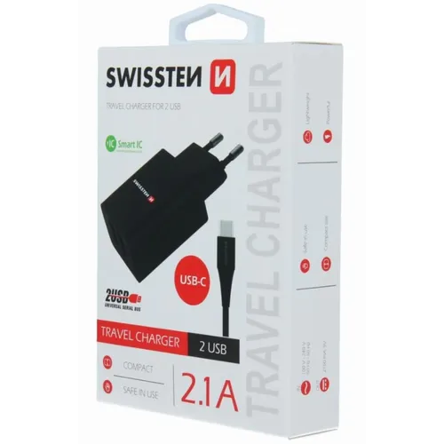 Swissten punjač 2x USB 2,1A+ kabl Type C 1,2m crna slika 4