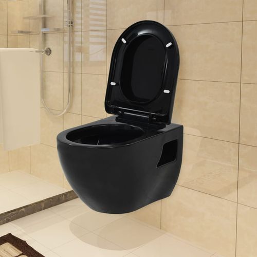 Zidna toaletna školjka s ugradbenim vodokotlićem keramička crna slika 21