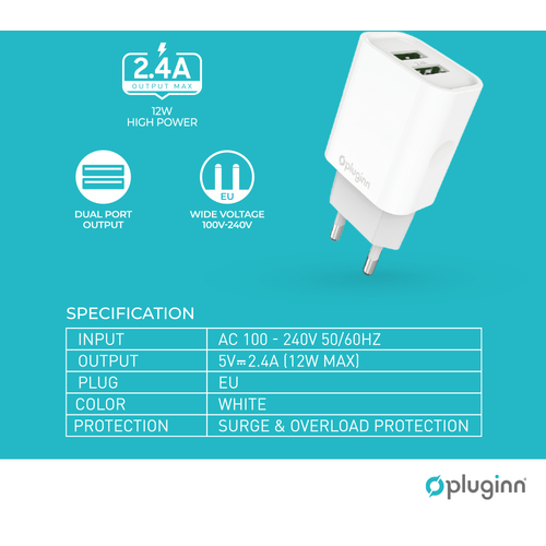 Kućni punjač Pluginn PI-D47, 5V, 2.4A, 12W 2xUSB sa lightning kablom beli slika 2