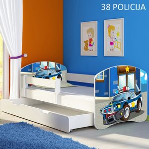 Dječji krevet ACMA s motivom, bočna bijela + ladica 160x80 cm 38-policija