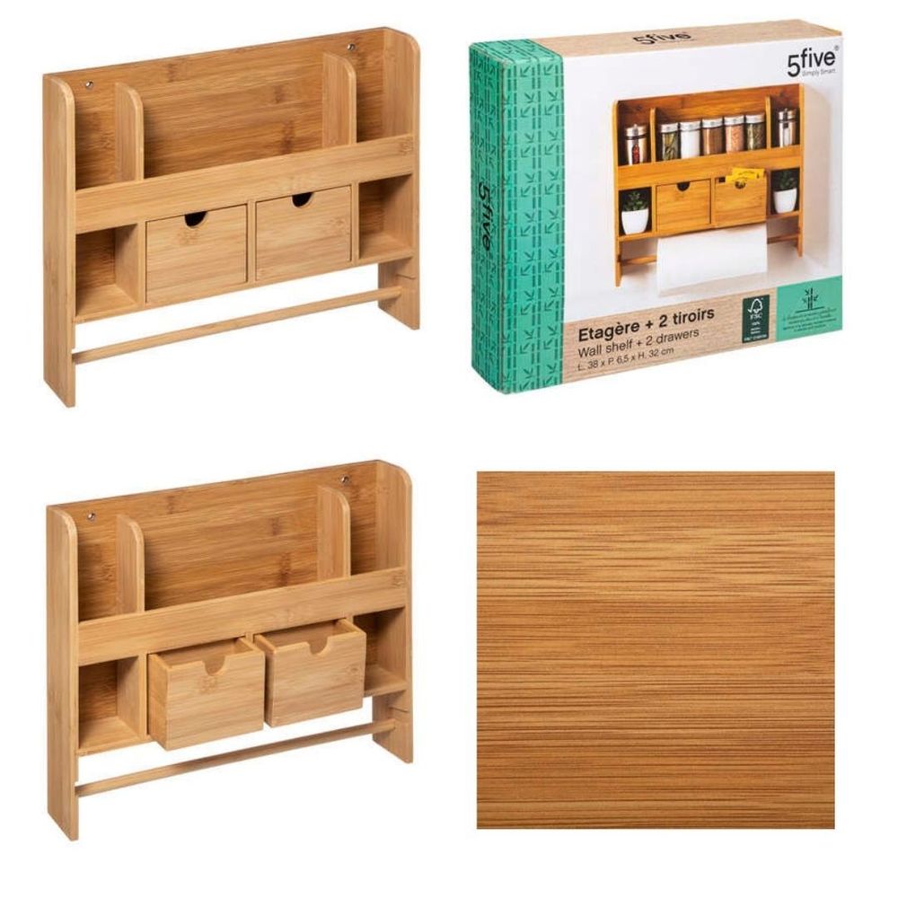 Five kuhinjska polica zidna sa 2 ladice 38x6.5x32cm bambus slika 2