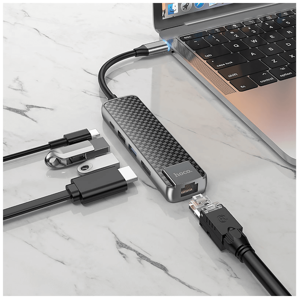 hoco. Konverter USB HUB type C to USB3.0/USB2.0/HDMI/RJ45/PD - HB23 Easy view slika 6