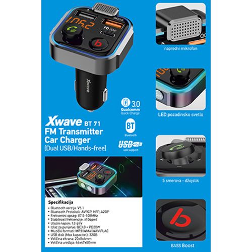 Xwave BT 71 FM transmiter za kola Bluetooth LCD mp3 wma wav flac USB punjenje QC3 Handsfree slika 6