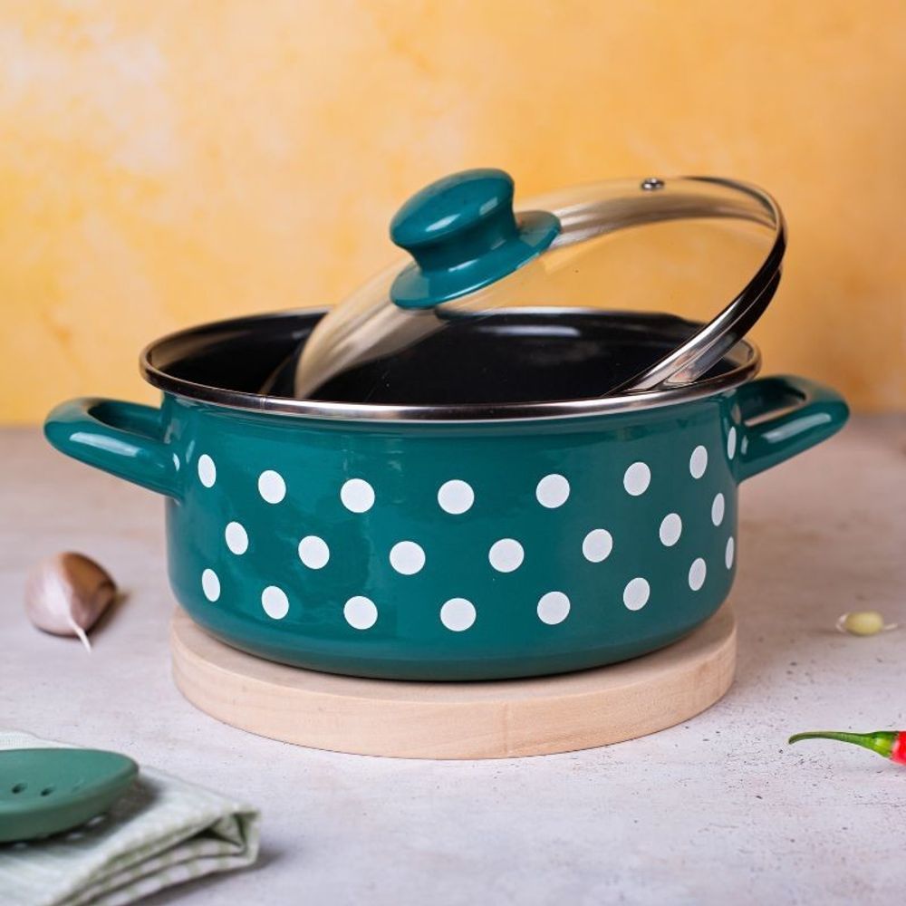 Metalac šerpa plitka sa staklenim poklopcem GREEN DOTS 22 cm/ 3.5 l zelena sa bijelim tufnama  slika 3