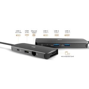 Silicon Power SPU3C08DOCSR300G USB-C 8-in-1 Hub SR30, SD Card-reader, MicroSD Card Reader, 1x HDMI 4K, Gigabit LAN, 2x USB3.2 Gen.1 (up to 5Gbps), 2x USB-C (1x PD2.0 charging up to 100W), Cable 0.15m