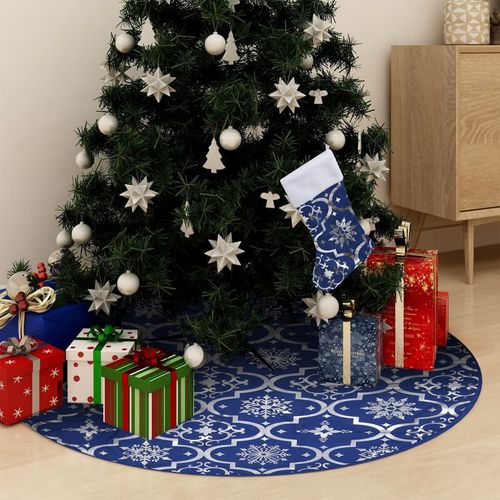Luksuzna podloga za božićno drvce s čarapom plava 90 cm tkanina slika 1