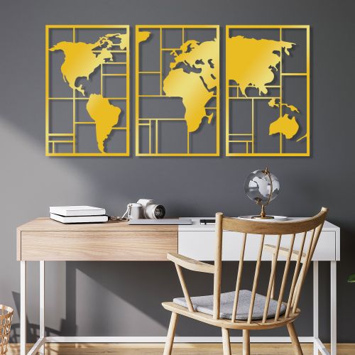 Wallity Metalna zidna dekoracija Golden Triple World Map slika 1