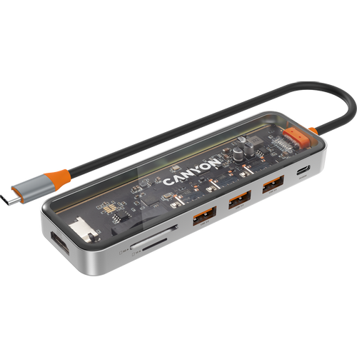 CANYON DS-13, USB-hub, Size: 137.9mm*42.7mm*15mm Weight: 167.5gCable length: 155mm Material: Zinc alloy+Tempered glass+TPE Port: Type-C To USB3.0*3(5Gbps)+SD/TF 3.0(5Gbps)+HDMI(4K@30Hz),Space Grey slika 2