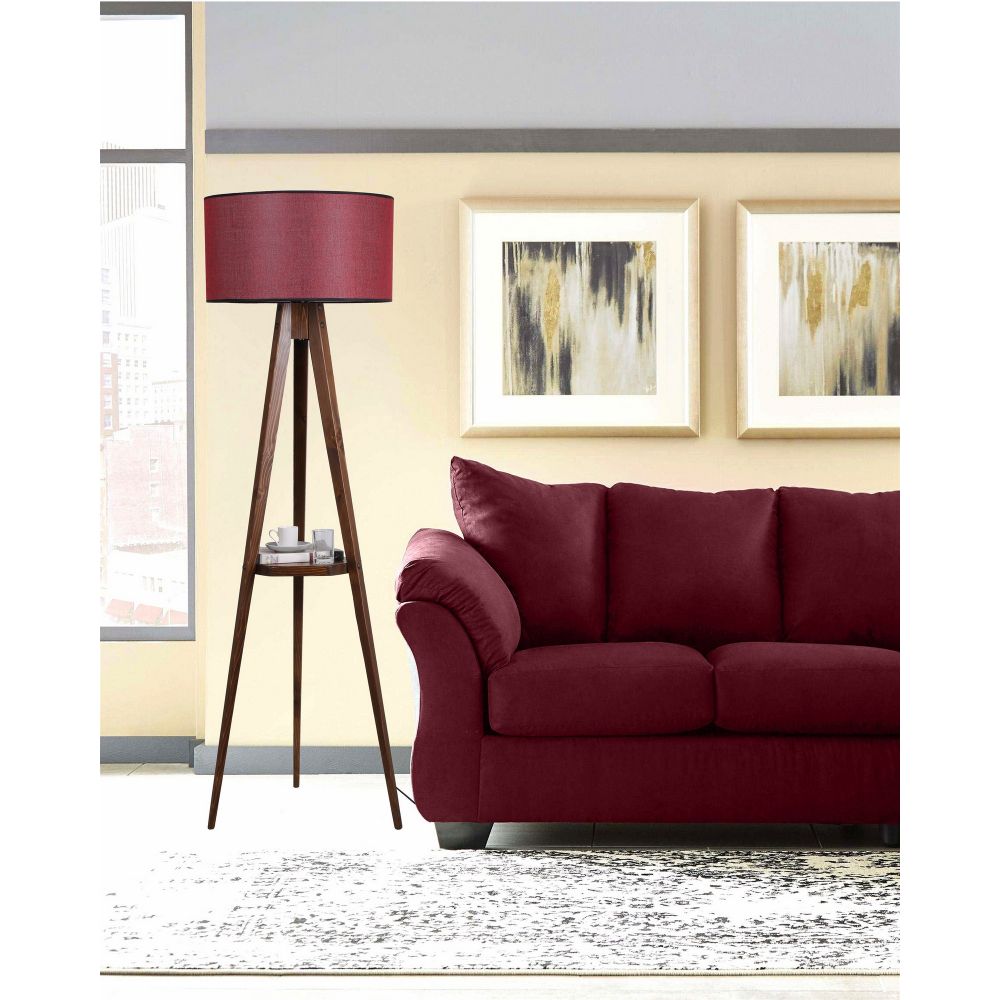 Tripod Ceviz Lambader Silindir Hasır Bordo Abajur slika 1