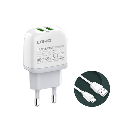 Kucni punjac LDNIO A2219 2xUSB 5V 2.4A 12W sa Type C kablom beli slika 1