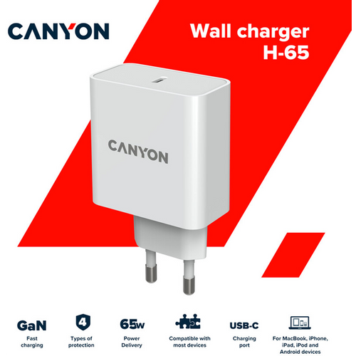 Canyon, GAN 65W charger Input: 100V-240V Output: 5.0V3.0A /9.0V3.0A /12.0V-3.0A/ 15.0V-3.0A /20.0V3.25A , Eu plug, Over- Voltage , over-heated, over-current and short circuit protection Compliant with CE RoHs,ERP. Size: 53*53*29mm, 110g, White slika 5