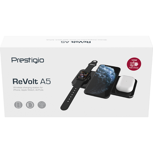 Prestigio ReVolt A5, 3-in-1 wireless charging station for iPhone, Apple Watch, AirPods, wilreless output for phone 7.5W/10W, wireless output for AirPods 5W, wireless output for Apple Watch 2.5W, material: aluminum+tempered glass, black+space grey color. slika 10