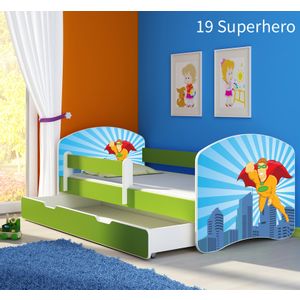 Dječji krevet ACMA s motivom, bočna zelena + ladica 140x70 cm 19-superhero