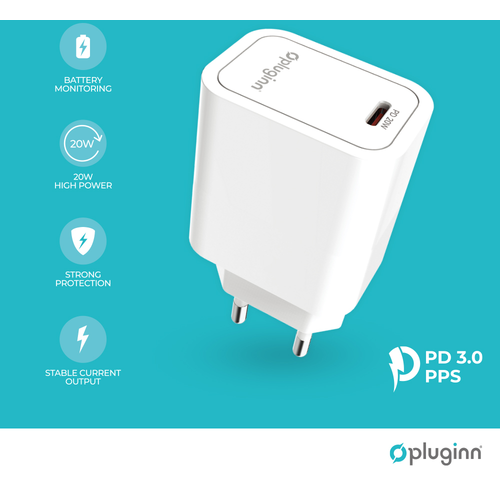 Kućni punjač Pluginn PI-D61S, PD3.0, PPS, 20W sa PD iPhone lightning kablom beli slika 1